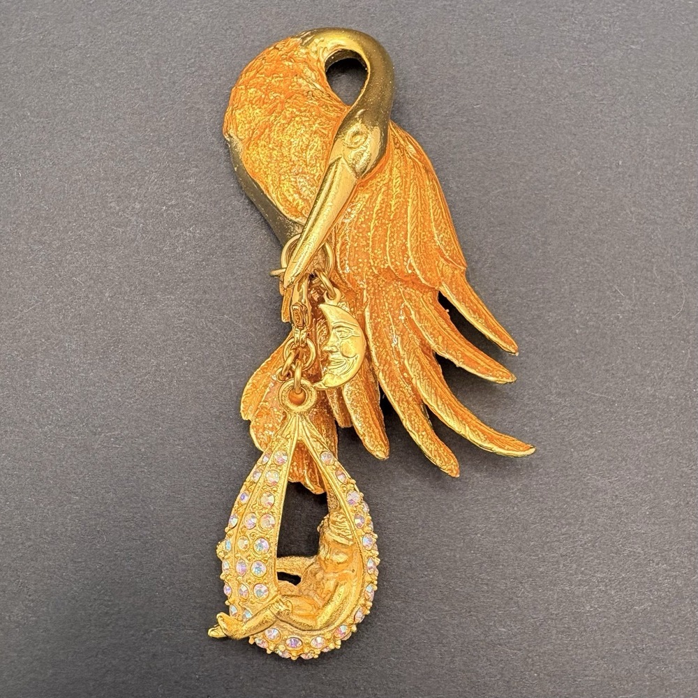 Vintage Kirks Folly Stork Brooch Carrying Child AB Crystals Gold Tone Fairytale